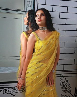 New Embroidery Seqwance Georgette Yellow Saree Beautiful